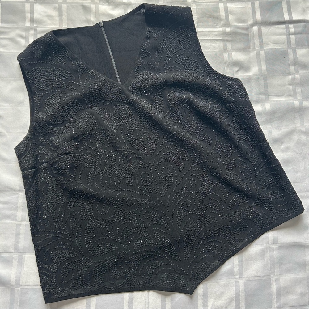 Black V-Neck Sleeveless Sparkle Detail Top with Overlay & V Hemline